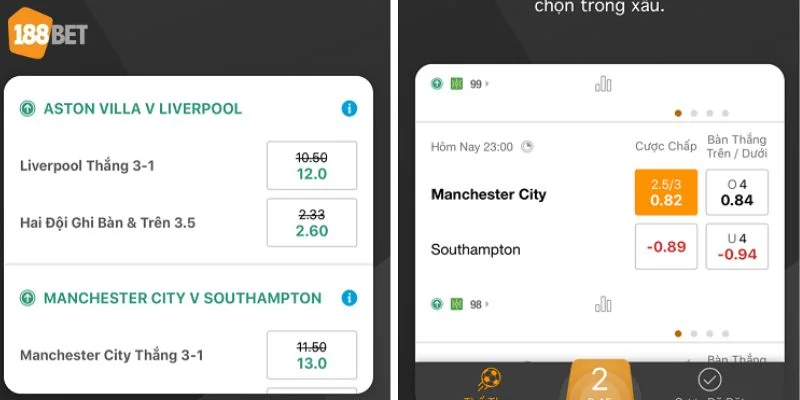 Tính năng cược trên cùng một trang hoàn toàn mới mẻ trong app 188BET.